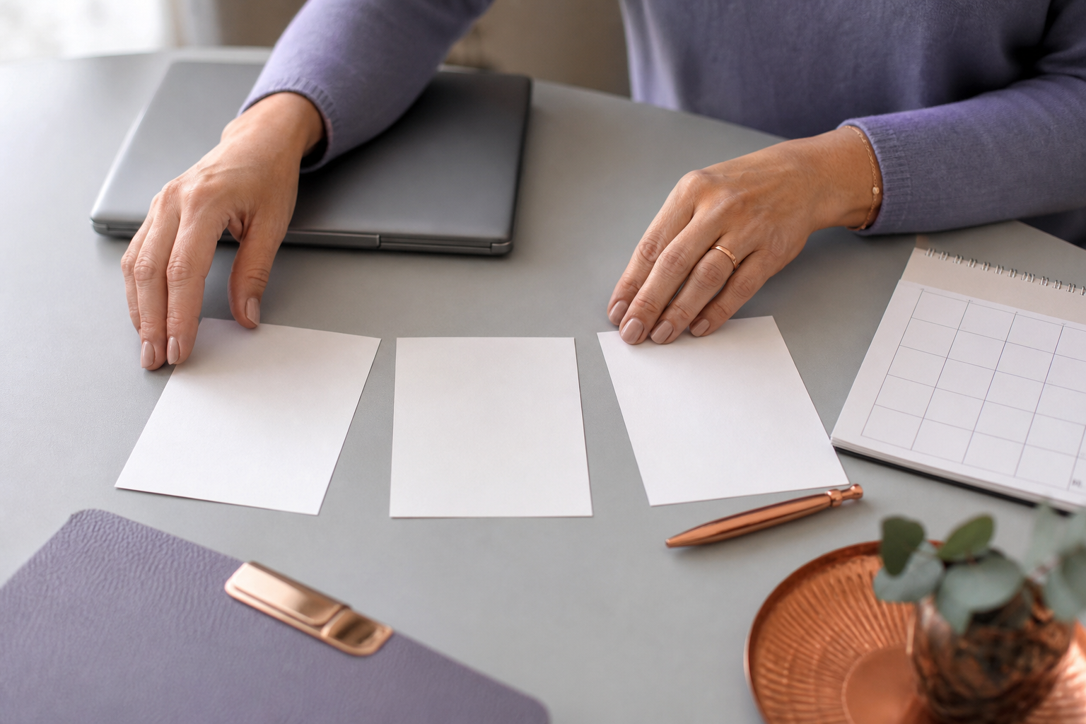 Volwassen handen leggen drie lege notitiekaarten klaar naast een agenda en laptop