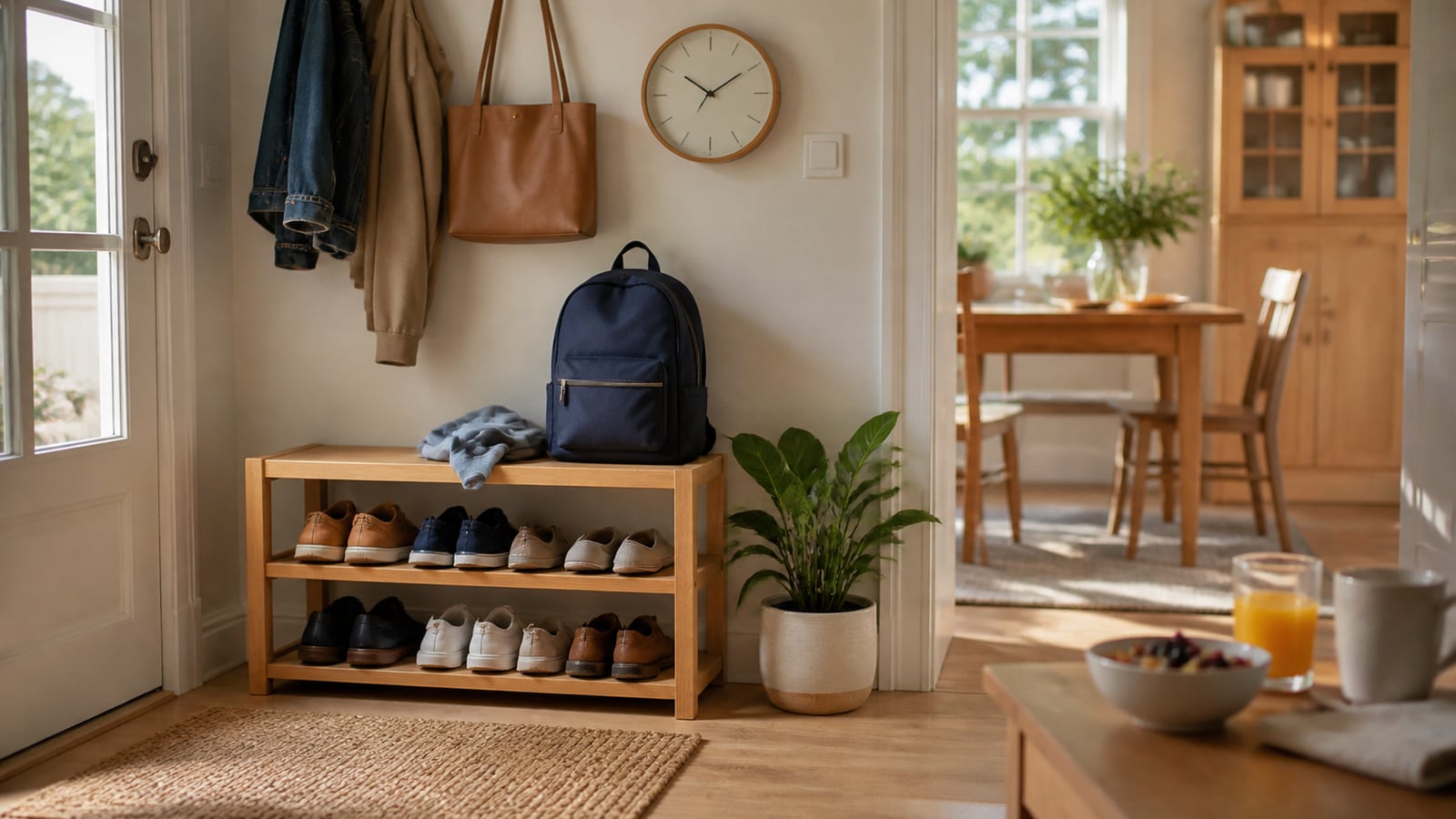 Rustige gezinsroutine met ontbijt en een schooltas in huis