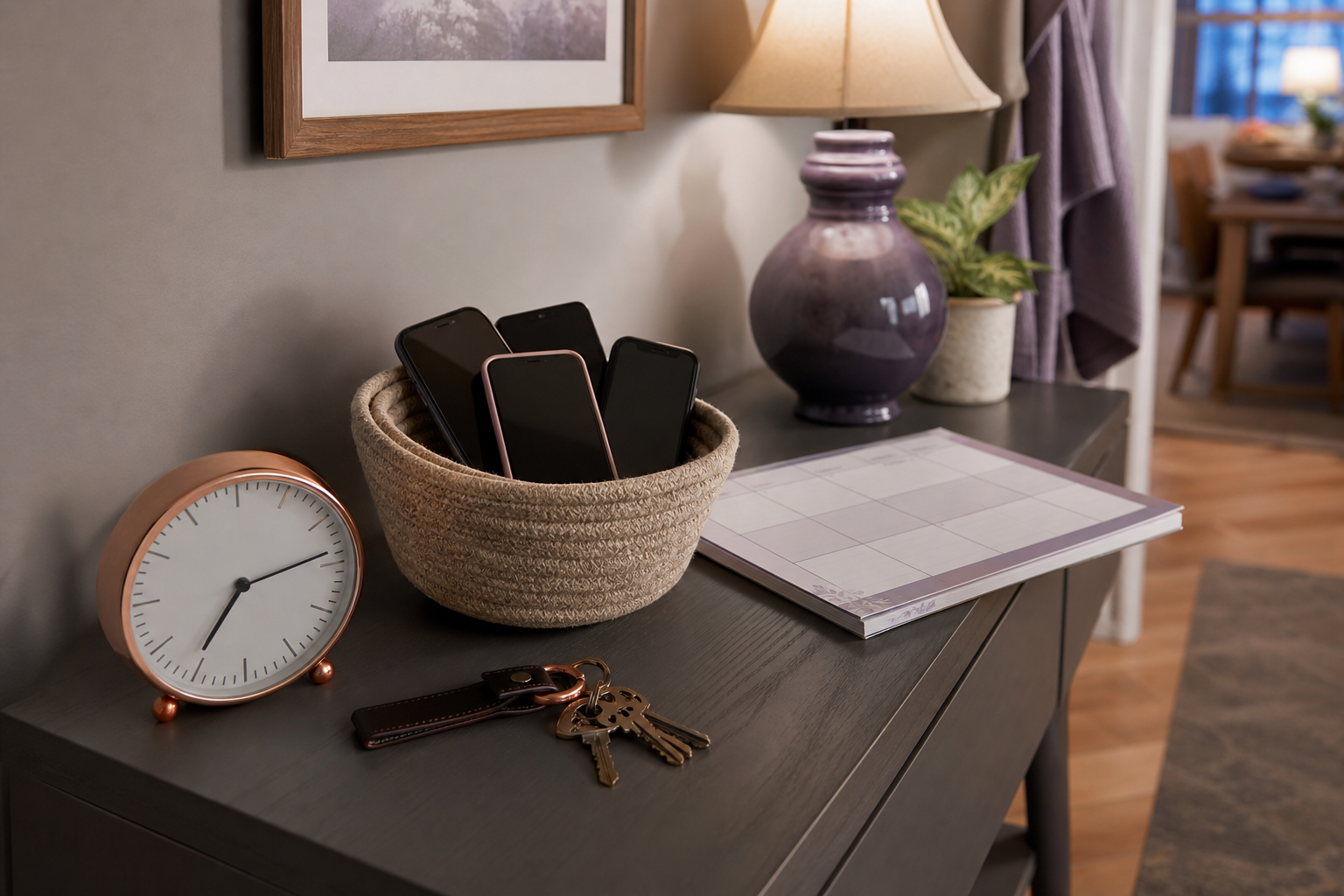 Mand met telefoons naast een klok, huissleutels en een lege weekplanner