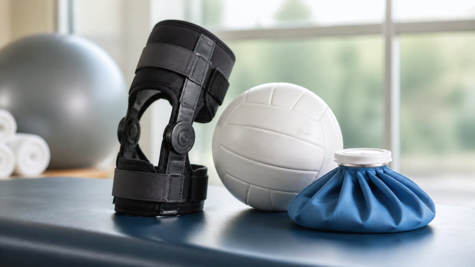 Sportieve duimbrace en bal op een tafel in een sportmedische setting
