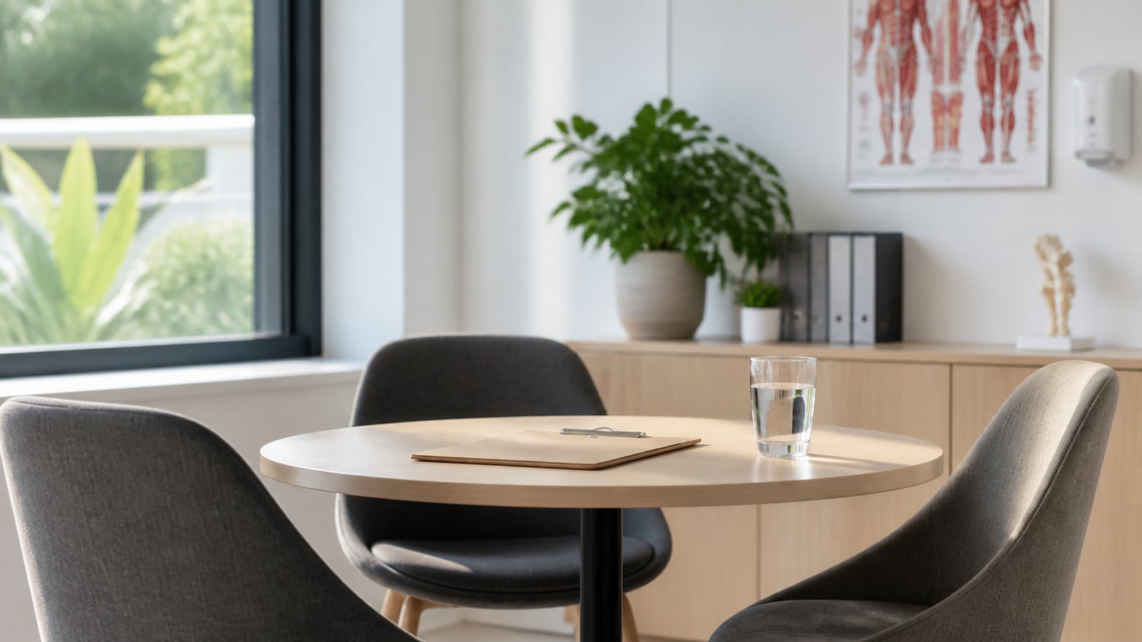Neutrale overlegtafel in een rustige behandelkamer